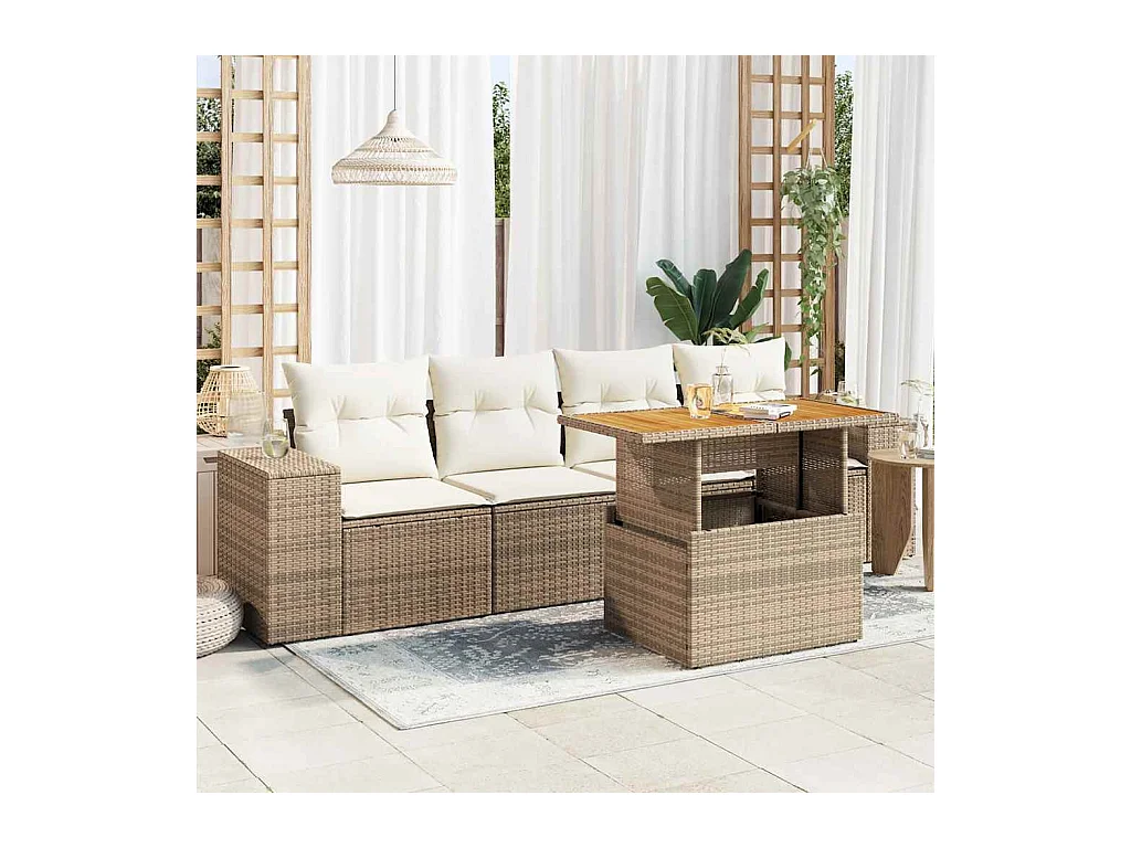 Set mobili da giardino con cuscini 5 pezzi in resina intrecciata beige