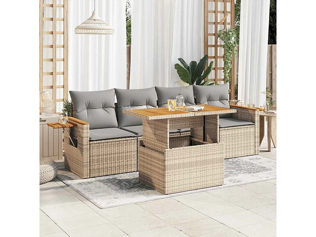 Salon de jardin avec coussins 5 pcs beige résine tressée acacia