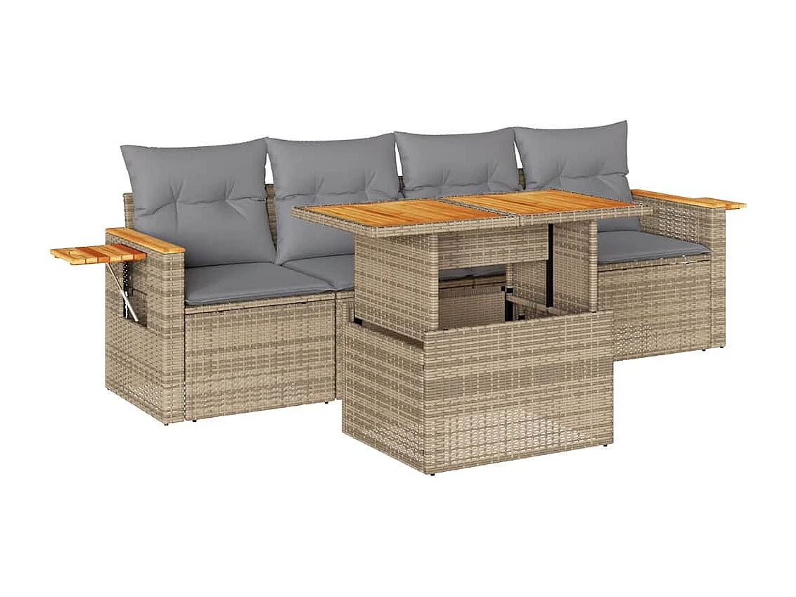 Salon de jardin avec coussins 5 pcs beige résine tressée acacia