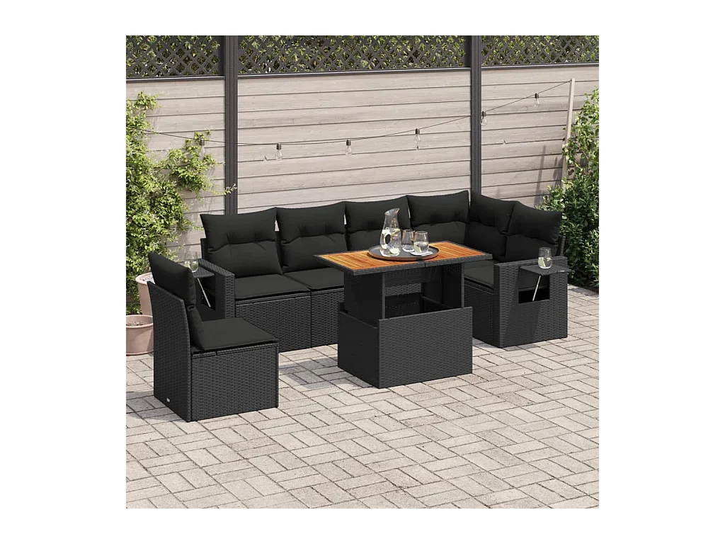 Set di mobili da giardino 7 pezzi con cuscini neri in resina intrecciata