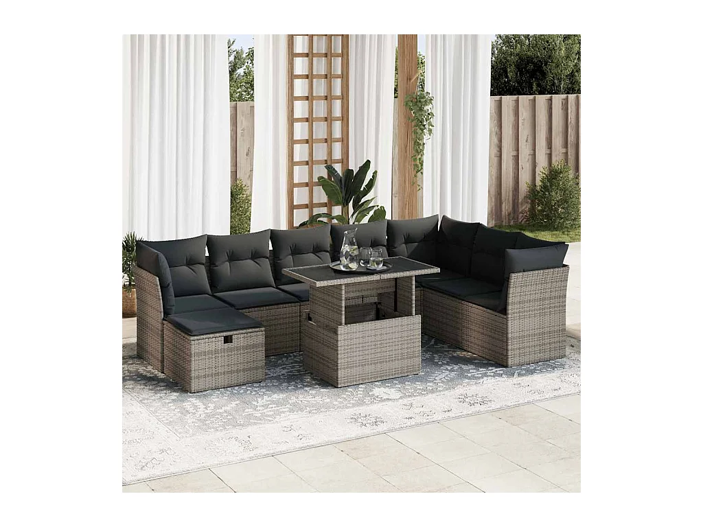 Salon de jardin 9 pcs avec coussins gris résine tressée