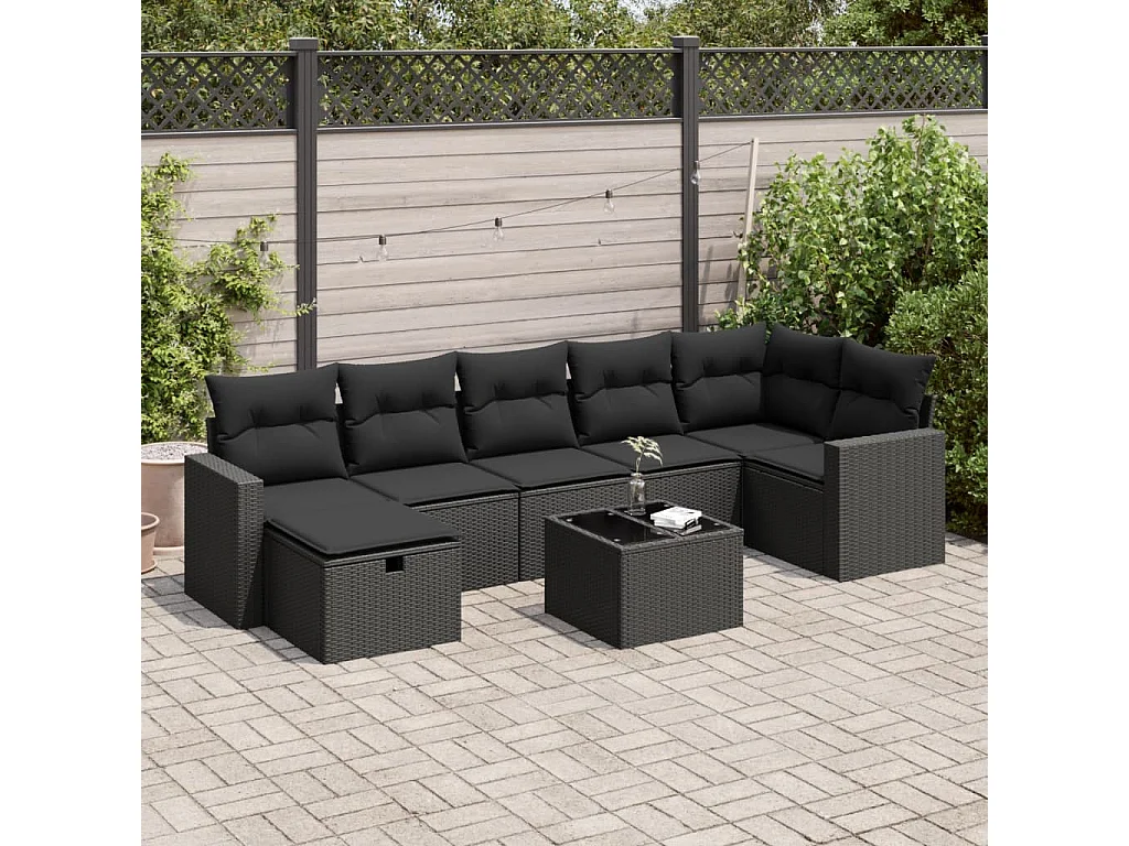 Set di mobili da giardino da 8 pezzi con cuscini neri in resina intrecciata