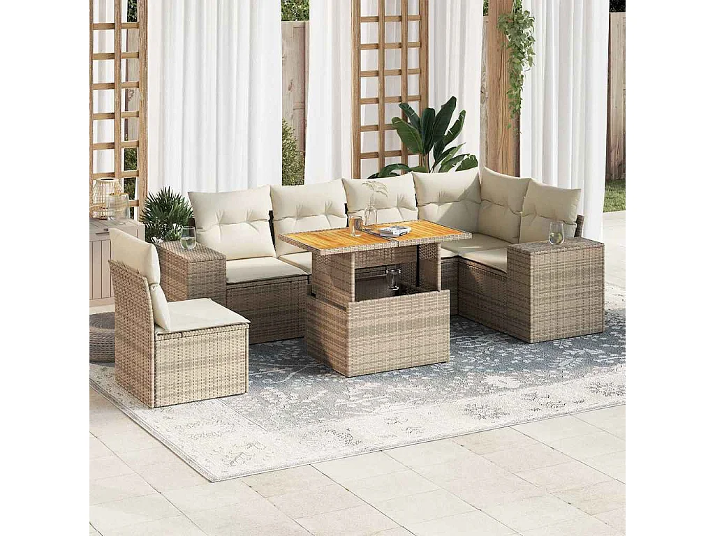 Salon de jardin avec coussins 7 pcs beige résine tressée