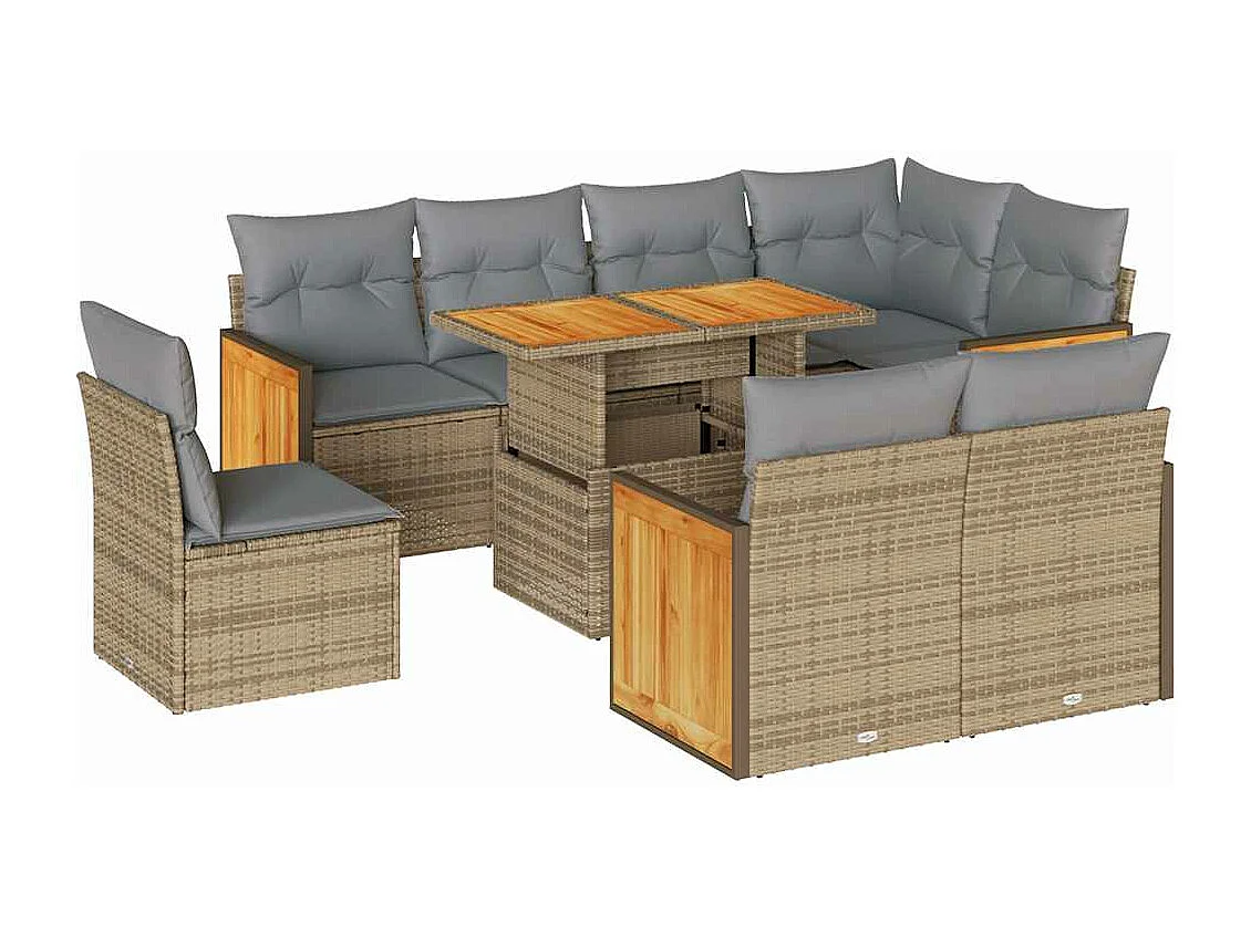 Salon de jardin avec coussins 9 pcs beige résine tressée acacia