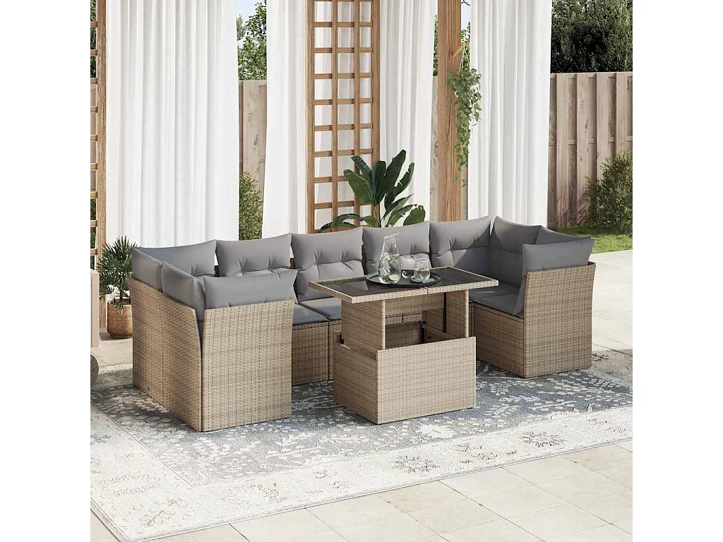 Salon de jardin avec coussins 8 pcs beige résine tressée