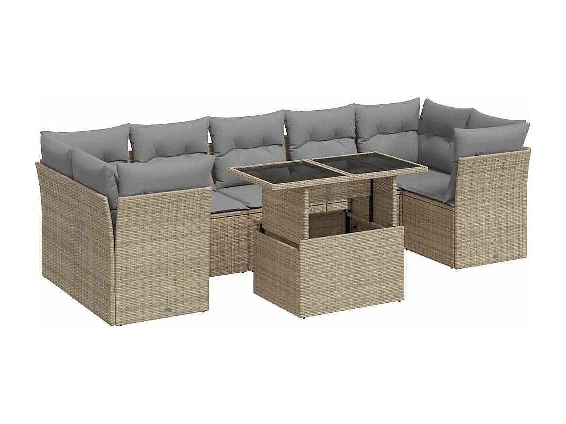 Salon de jardin avec coussins 8 pcs beige résine tressée
