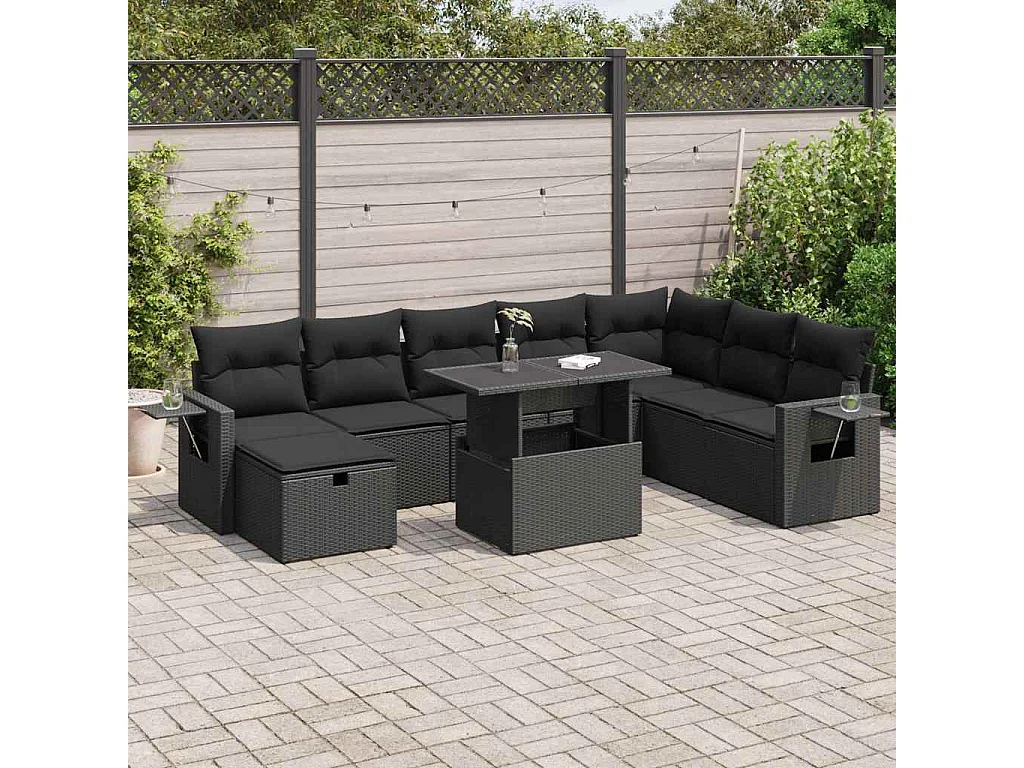 Salon de jardin 9 pcs avec coussins noir résine tressée