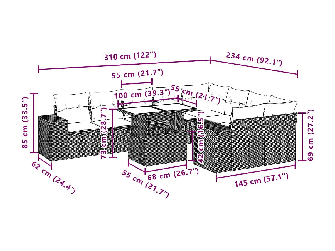 Salon de jardin 10 pcs avec coussins marron résine tressée