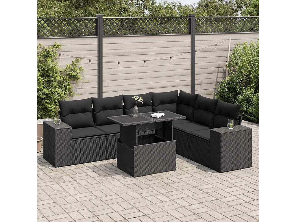Salon de jardin 7 pcs avec coussins noir résine tressée