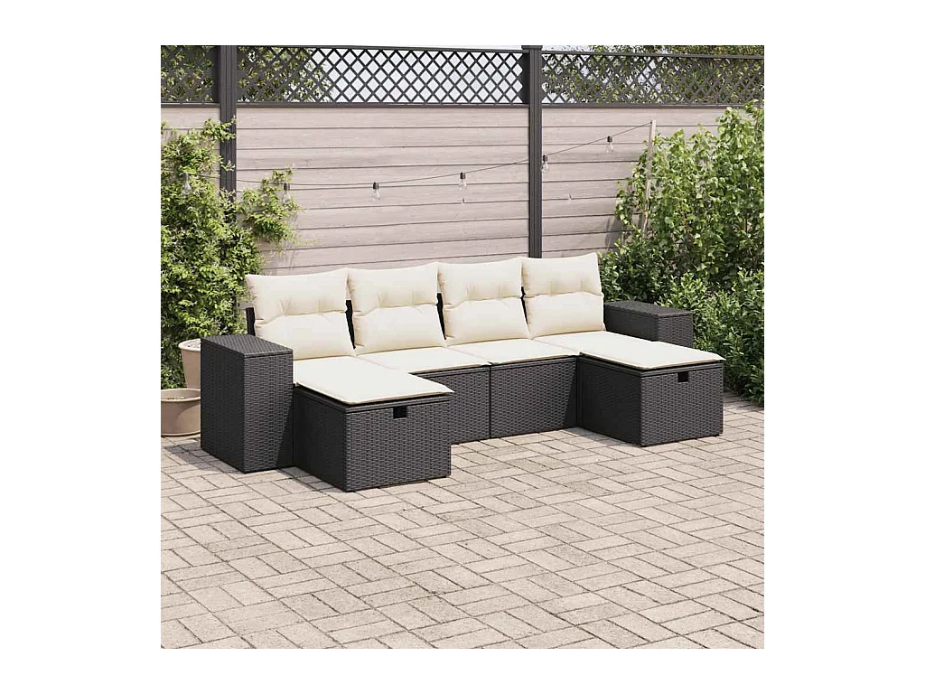Set di mobili da giardino da 6 pezzi con cuscini neri in resina intrecciata