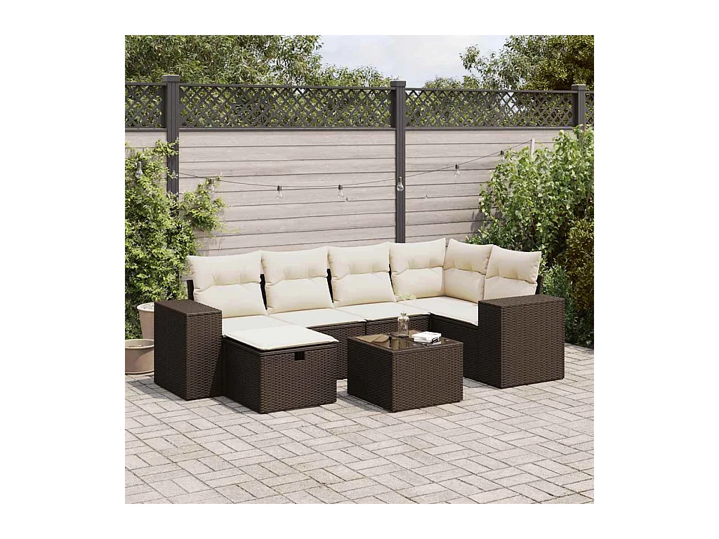 Salon de jardin avec coussins 7 pcs marron résine tressée