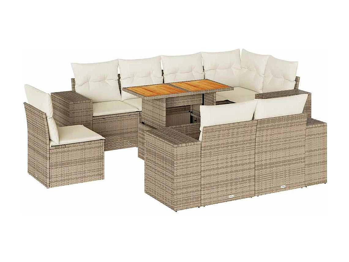 Set mobili da giardino con cuscini 9 pezzi in resina intrecciata beige