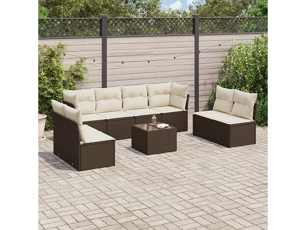 Salon de jardin avec coussins 9 pcs marron résine tressée