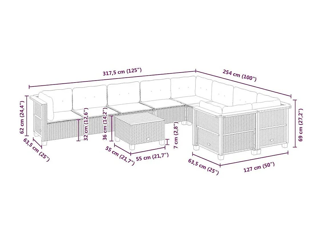 Conjunto de muebles de jardín con cojines 10 piezas resina tejida beige