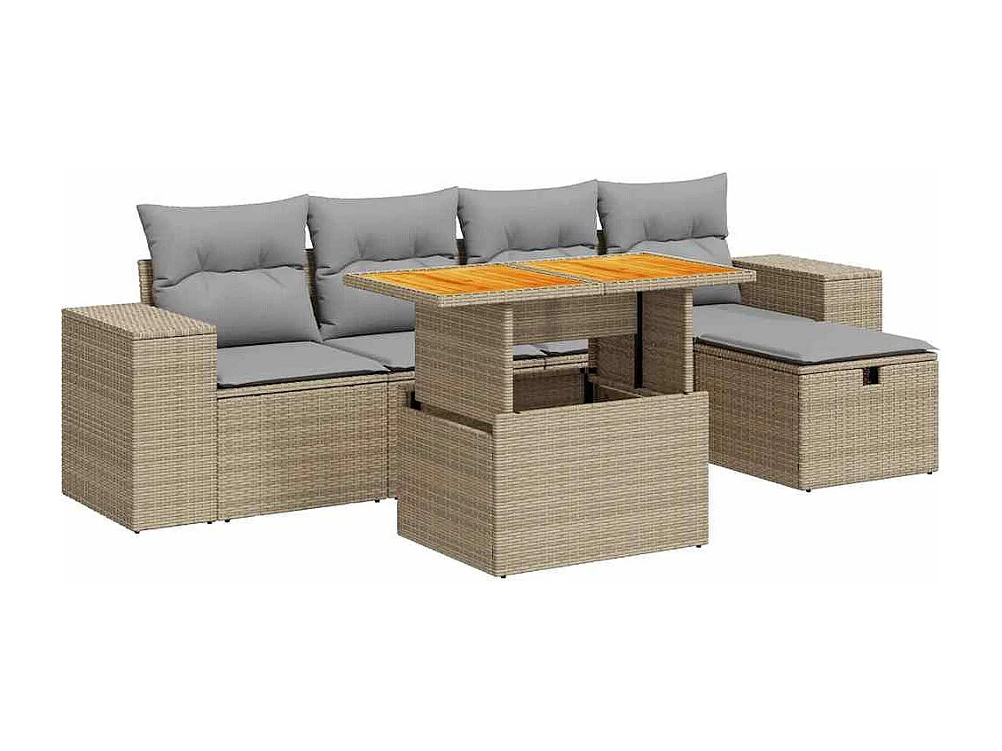 Set di mobili da giardino da 6 pezzi con cuscini beige in vimini di resina di acacia