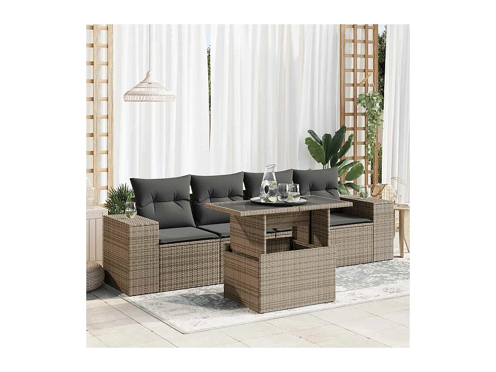 Set di mobili da giardino da 5 pezzi con cuscini grigi in resina intrecciata
