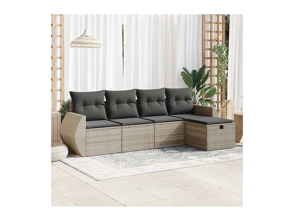 Salon de jardin 5 pcs avec coussins gris clair résine tressée