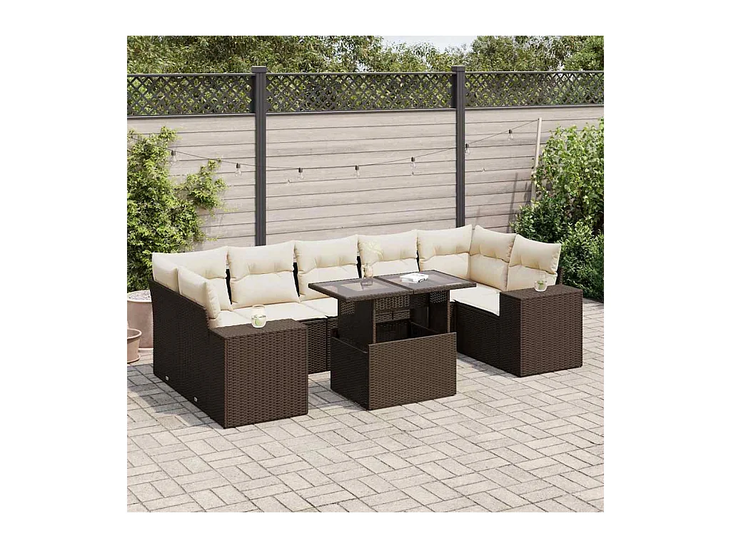 Salon de jardin 8 pcs avec coussins marron résine tressée