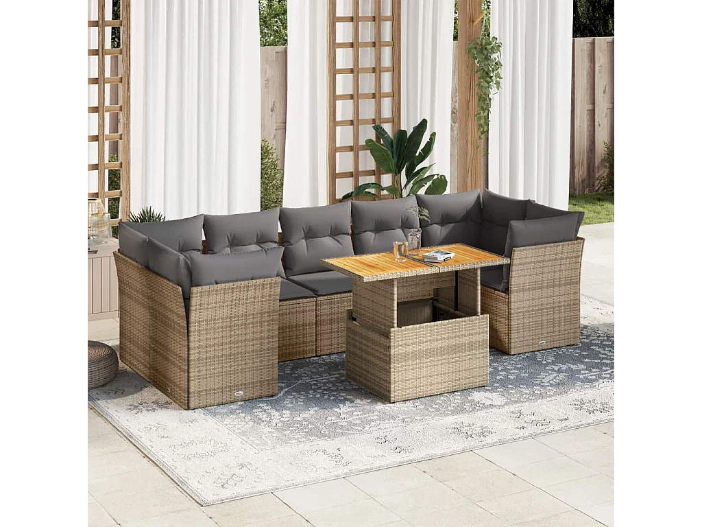 Conjunto de móveis de jardim com almofadas 8 peças resina tecida bege