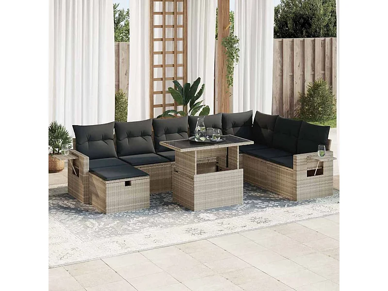 Set di mobili da giardino da 9 pezzi con cuscini grigio chiaro in resina intrecciata