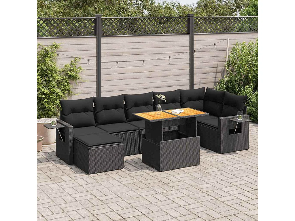 Salon de jardin 8 pcs avec coussins noir résine tressée