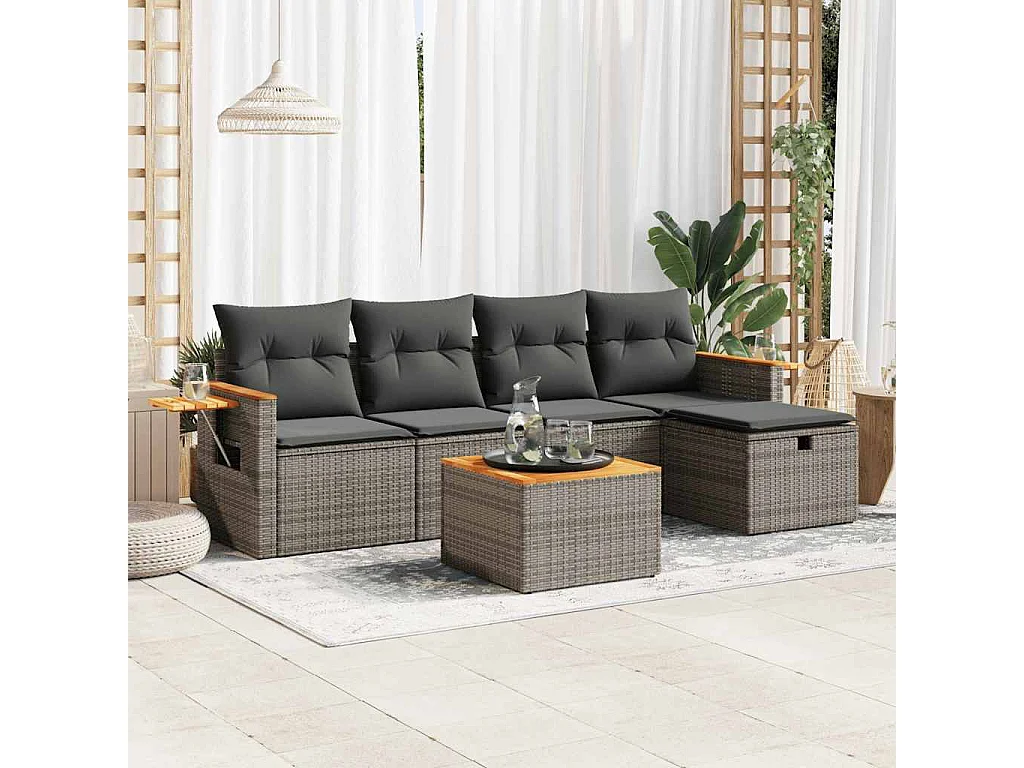 Salon de jardin 6 pcs avec coussins gris résine tressée