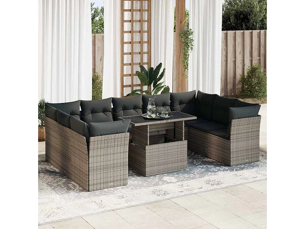 Salon de jardin avec coussins 10 pcs gris résine tressée