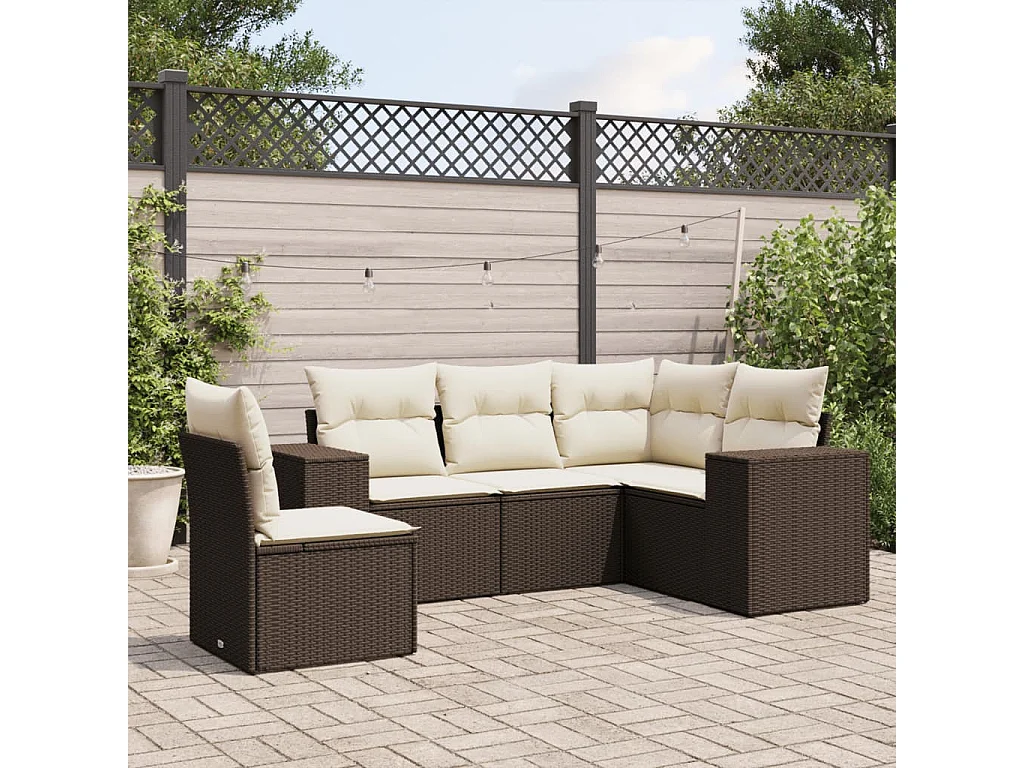 Salon de jardin avec coussins 5 pcs marron résine tressée