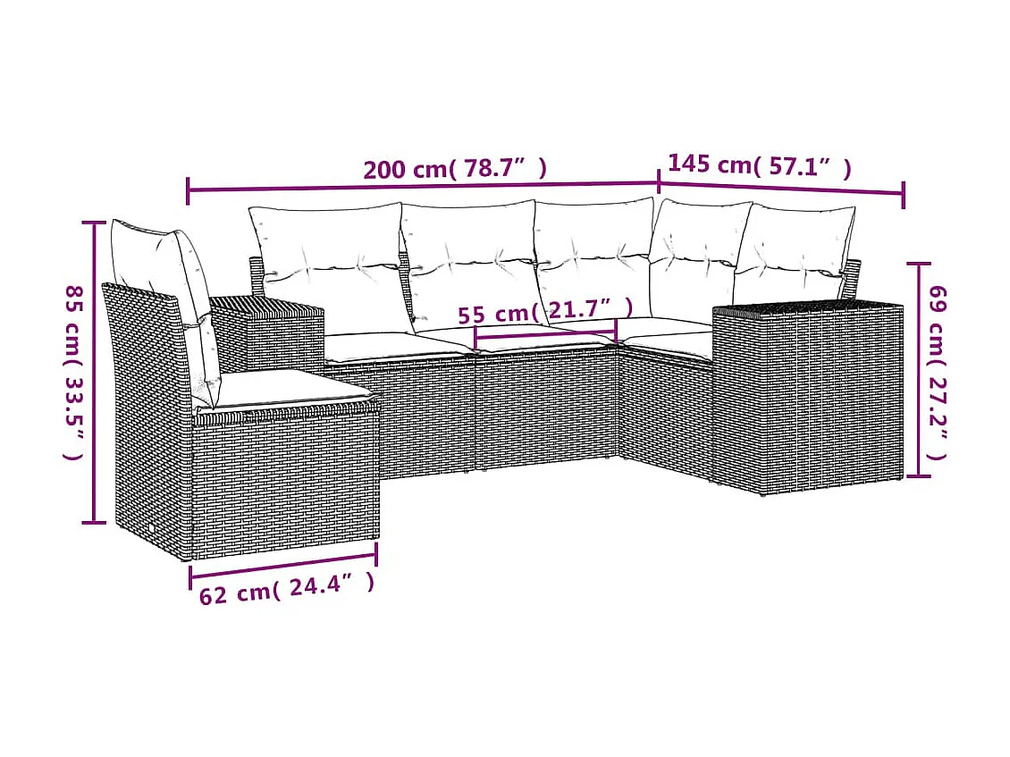 Set di mobili da giardino con cuscini 5 pezzi in resina intrecciata marrone