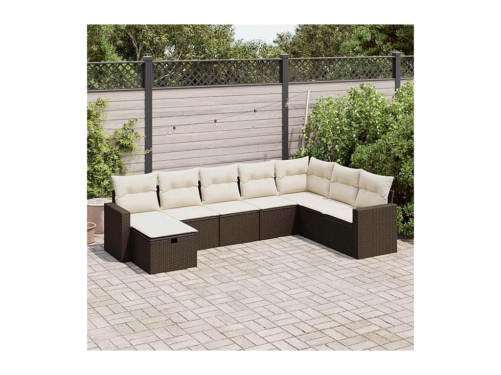Set di mobili da giardino da 8 pezzi con cuscini marroni in resina intrecciata