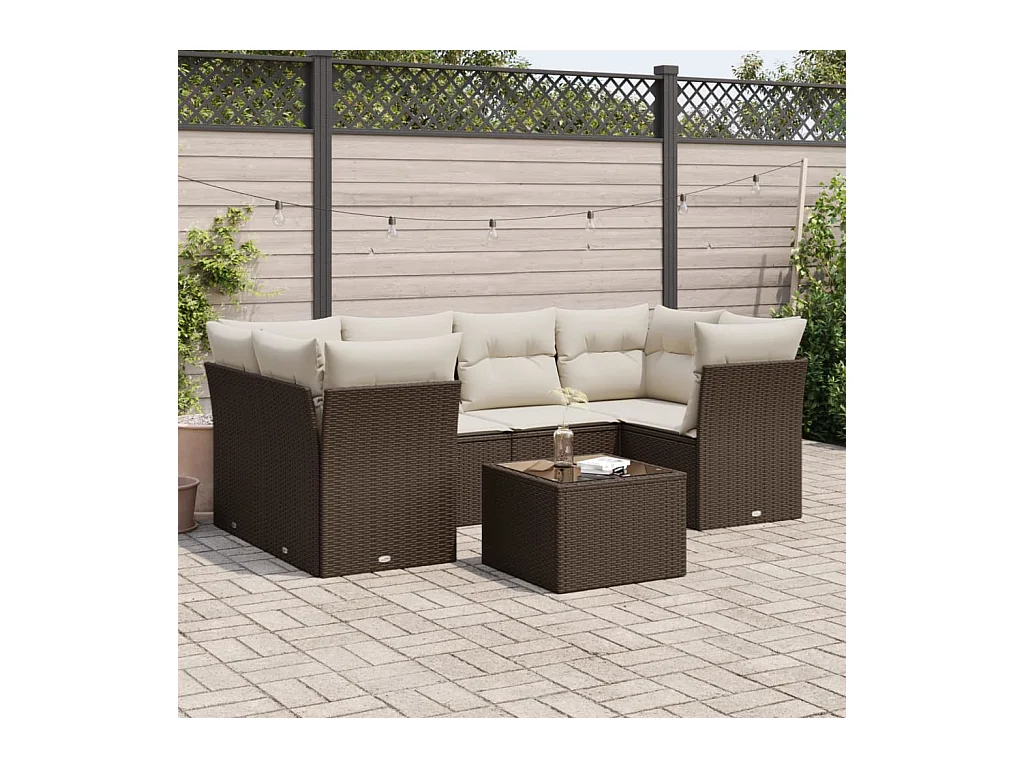 Set mobili da giardino con cuscini 7 pz in resina vimini marrone