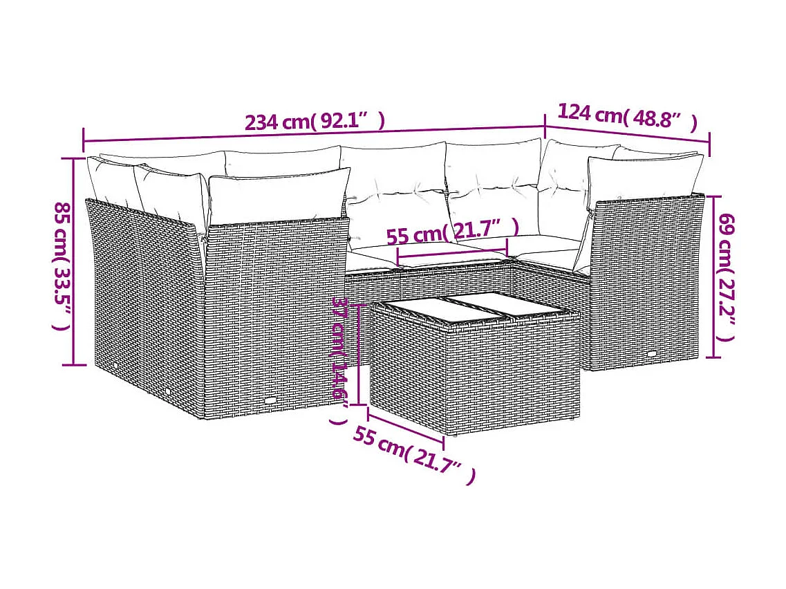 Set mobili da giardino con cuscini 7 pz in resina vimini marrone