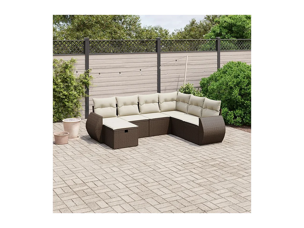 Salon de jardin avec coussins 7 pcs marron résine tressée