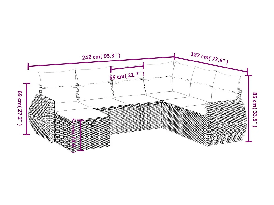 Set mobili da giardino con cuscini 7 pz in resina vimini marrone