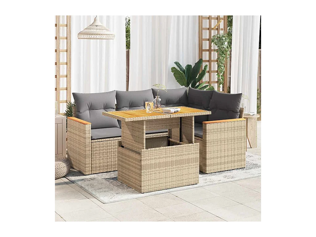 Salon de jardin avec coussins 5 pcs beige résine tressée acacia