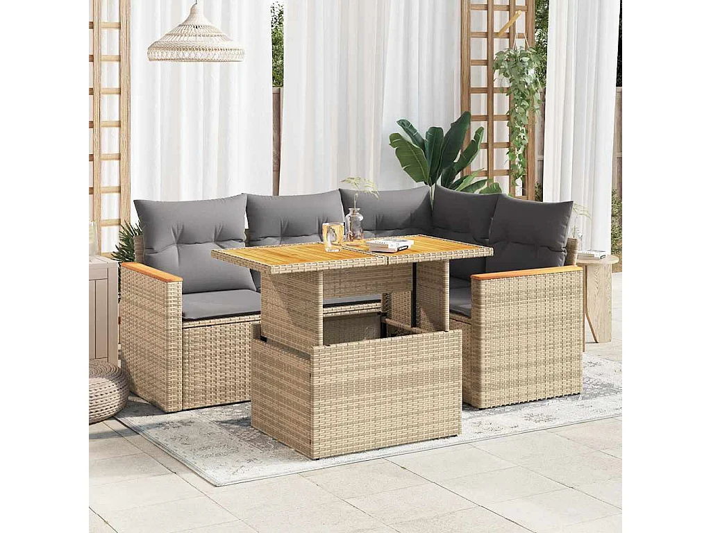 Salon de jardin avec coussins 5 pcs beige résine tressée acacia