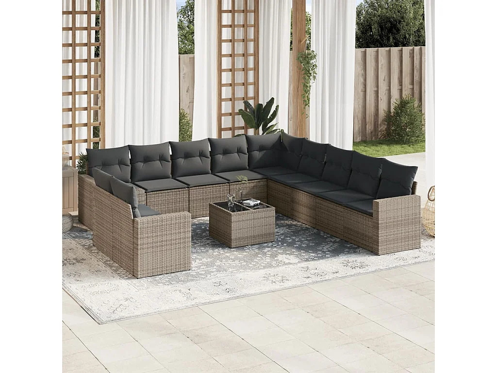 Salon de jardin avec coussins 12 pcs gris résine tressée