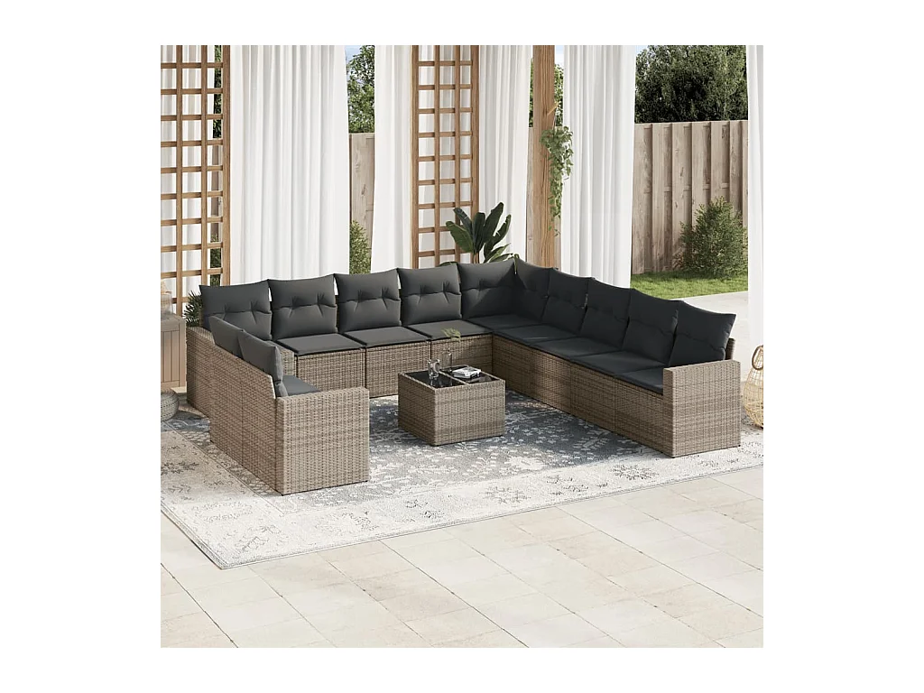 Salon de jardin avec coussins 12 pcs gris résine tressée