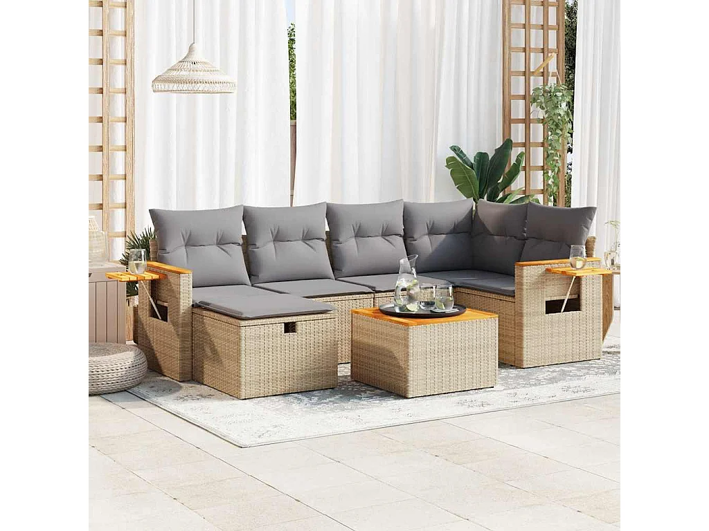 Set mobili da giardino con cuscini 7 pz beige resina intrecciata