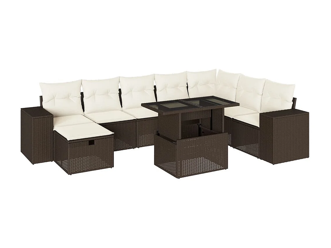 Set mobili da giardino con cuscini 9 pezzi in vimini marrone resina