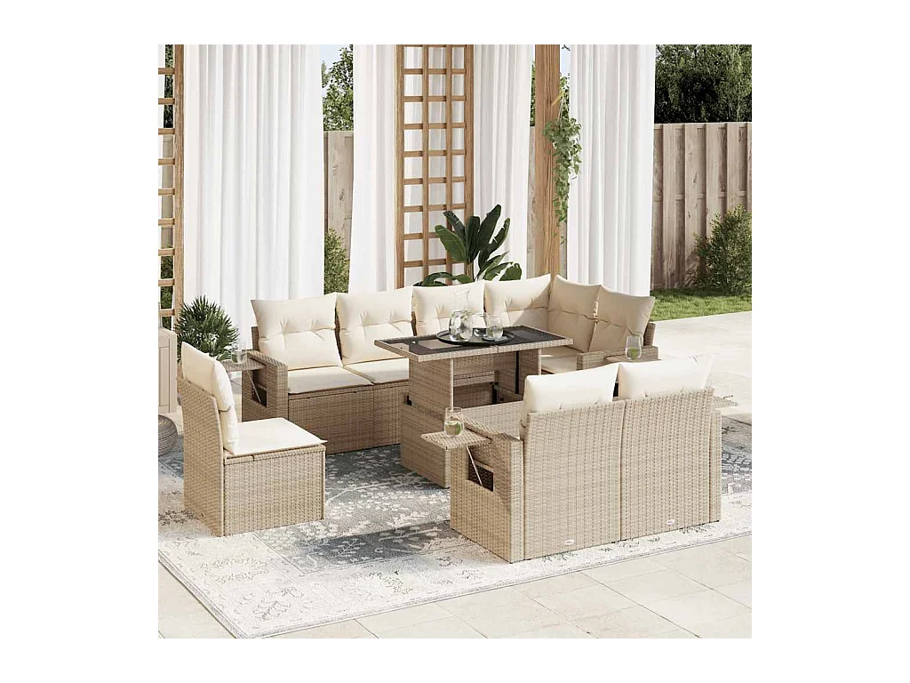 Salon de jardin avec coussins 9 pcs beige résine tressée