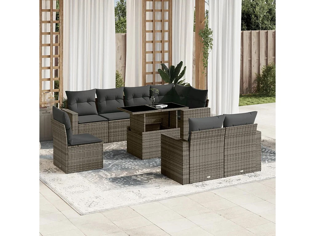 Salon de jardin 9 pcs avec coussins gris résine tressée