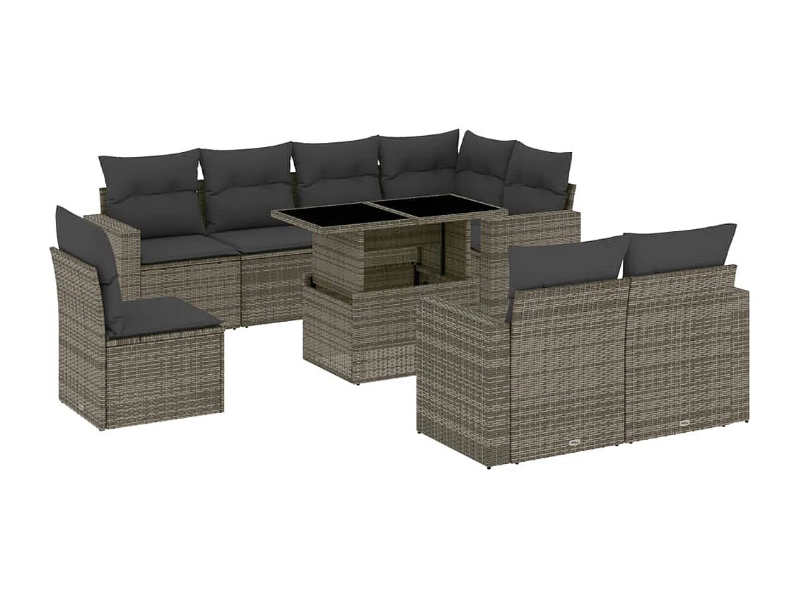 Salon de jardin 9 pcs avec coussins gris résine tressée