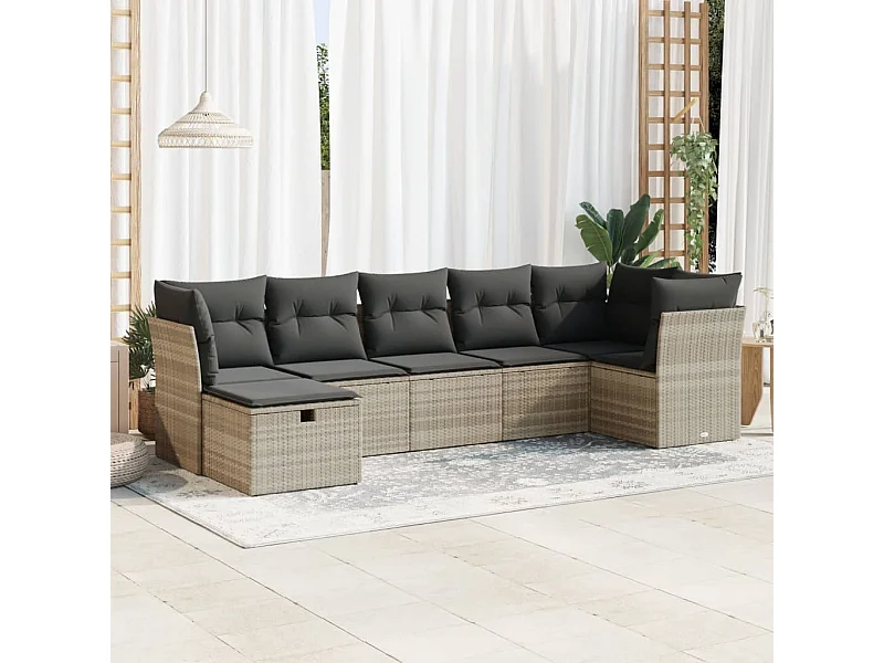 Set di mobili da giardino con cuscini 7 pezzi in resina intrecciata grigio chiaro