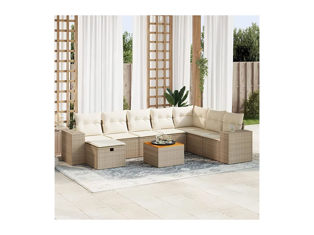 Set mobili da giardino con cuscini 9 pezzi in resina intrecciata beige