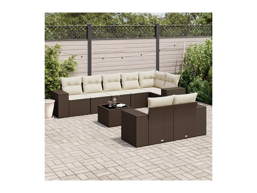 Salon de jardin avec coussins 9 pcs marron résine tressée