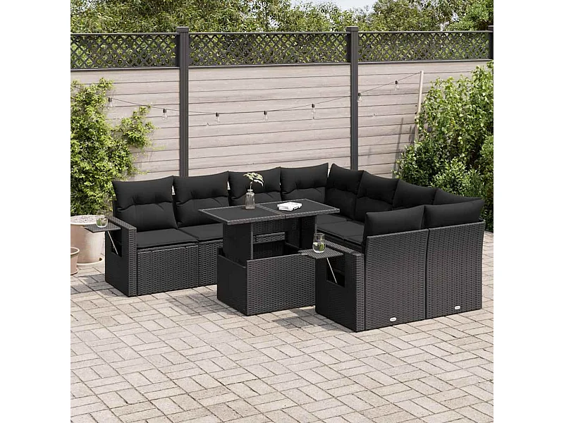 Salon de jardin 9 pcs avec coussins noir résine tressée