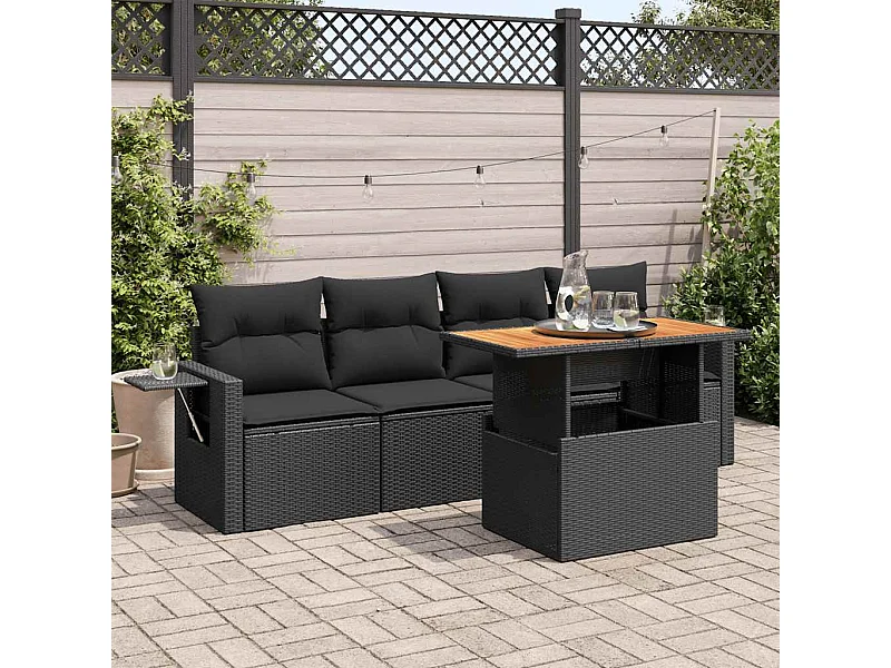 Salon de jardin 5 pcs avec coussins noir résine tressée