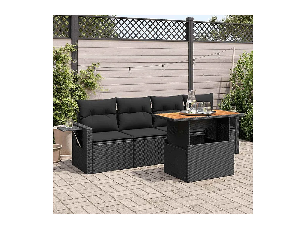 Set di mobili da giardino da 5 pezzi con cuscini neri in resina intrecciata
