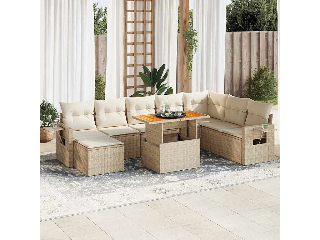 Gartenmöbel-Set mit Kissen 9-tlg. beige gewebtes Harz
